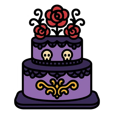 Gothic cake decorated with black lace, dark roses, tiny skulls, and ornate gothic filigree, no background, in a color outline icon style. sticker