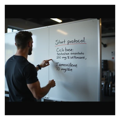 Cycle start protocol written on a gym whiteboard, clearly readable text: 'Ciclo base: testosterone enantato 250 mg/settimana, 8 settimane, tamoxifene 10 mg/die.' Coach pointing at the whiteboard, professional atmosphere, hyperrealistic 4K details. sticker