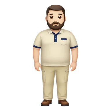big man with medium size body a short full beard and short hair, dark hair light skin and chubby face with shaped beard. i like to wear polo shirt with creme pants, no chans no, ring no accesories sticker