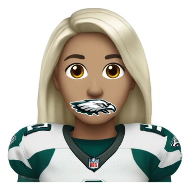 White female long dark hair red lips wearing Philadelphia Eagles jersey sticker