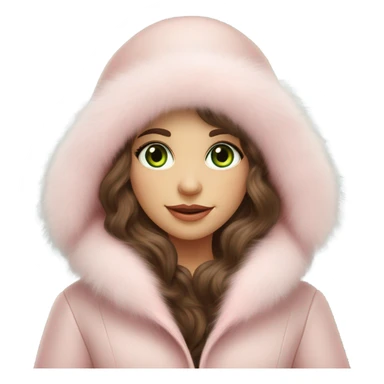 Beautiful Slavic green eyes girl with brown wavy long hair in a big light pink fur hat and matching Mink fur coat sticker