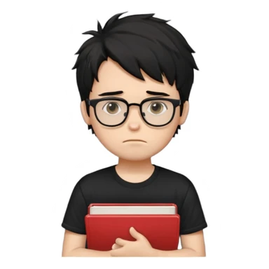 generate a pretty bratz fair skinned boy with black messy hair wearing a black tshirt looking bored n tired. Glasses on. holding books sticker