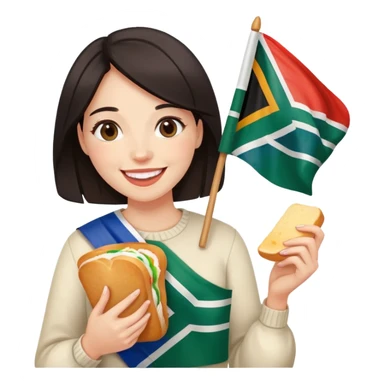 Lady with son (white dark hair) eating white bread and holding South African flag  sticker