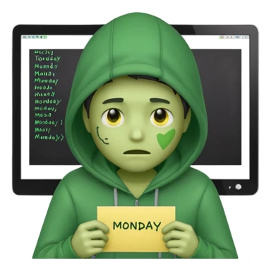 A sick programmer with a green face, hoodie, and code on screen, Monday written on a sticky note, emoji style sticker