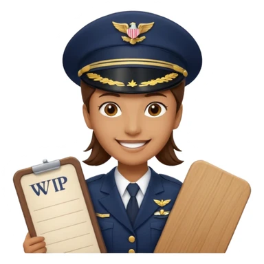 Slack-style emoji of a pilot wearing a navy captain hat holding a board with the text "WIP" on it sticker