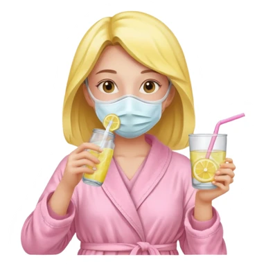 a girl drinking lemon water from a straw, she has a face mask on her and a light pink dressing gown sticker