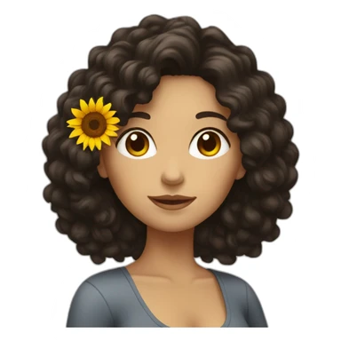 White woman with dark curly hair holding a sunflower sticker