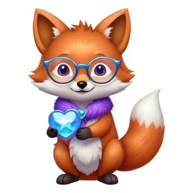 A small magical fox with shimmering purple and blue fur, a glowing fluffy tail, a silver star on its forehead, and round glasses, holding a tiny magical lantern, hugging a big red heart and smiling warmly. 🦊❤️ sticker