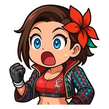 Azucena from Tekken 8 in chibi sticker style, shocked expression with wide eyes and mouth open, wearing the detailed red and patterned outfit from the reference images, designed for Twitch emote use. sticker