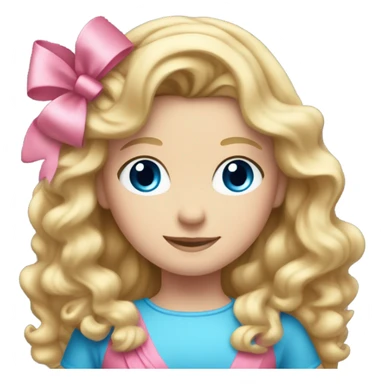 A 11 year old white girl with long wavy blonde hair and blue eyes with a pink bow in her hair wearing a pink dress  sticker