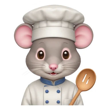 gray mouse with large round ears, brown eyes, and a small pink nose. The mouse is wearing a white chef’s hat and has a friendly, slightly open-mouthed expression sticker