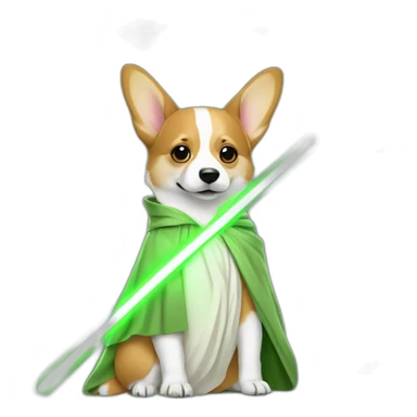 Corgi dress as yoda with one light saber green sticker
