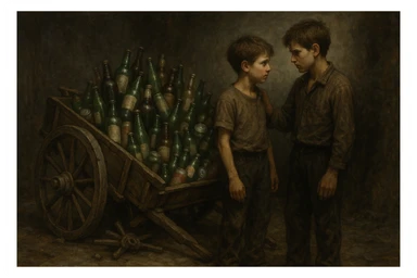 Bir g'ildiragi singan ichimliklar ortilgan arava uning yonida aka uka bir biriga havotirli nigoh bilan qarab turibdi realistik uslubda yuzi ko'rinmasin sticker