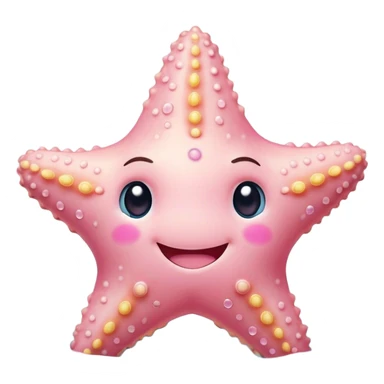 Cinematic cute round starfish, pastel pink, soft bumpy texture, tiny happy face, slightly tilted, glowing warmly, sparkling with gentle ocean magic. sticker