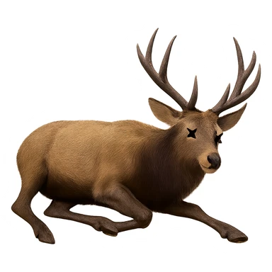 Make the elk appear dead, lying on its side with cartoon X's for eyes, no blood, keep the exact same photorealistic style and details, transparent background. sticker