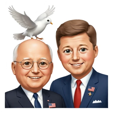 John F. Kennedy and Mikhail Gorbachev side by side, smiling, friendly diplomatic atmosphere, small peace symbols and doves, US and USSR flags as accents sticker