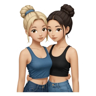 Pose: Two girls hugging forehead to forehead. Both are slim and look very close. 	•	Girl 1 	•	Hair: black, tied up in a bun. 	•	Outfit: long shiny jeans and a crop tank top. 	•	Girl 2 (Viksi): 	•	Hair: dark brown, long down to the waist, worn loose. 	•	Outfit: short leggings and a crop top. sticker