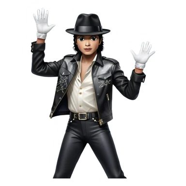 Icon of Michael Jackson as R&B legend: wearing a black fedora, sparkling glove, and leather jacket, striking a moonwalk pose. Background with musical notes and abstract patterns, capturing the energy and soul of R&B. Transparent background. sticker