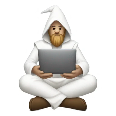 white Wizard sitting cross legged and doing deep work on a Macbook sticker