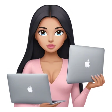 Glamours, tanned, very beautiful girl, with big pump peach-beige-rose lips, long lashes, black straight smooth silky long hair, straight parting hair, blue-grey eyes, in light-pink v-neck bodysuit holding MacBook sticker