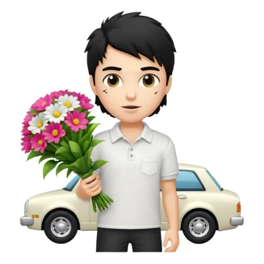 generate a pretty fair bratz boy with a messy mullet (black hair), wearing a white polo.  carrying a bouquet made of money. expensive car behind him sticker