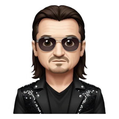 Bono with long dark brown hair, black sequin tour outfit sticker