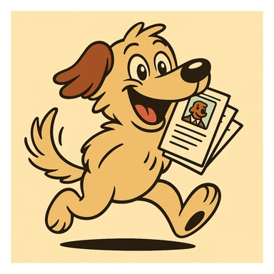 Maintain the friendly, classic cartoon style of the dog. Make the dog look even more playful and energetic with a bigger smile and a wagging tail. Remove the hands and bag. Have the dog happily carrying several resumes in its mouth, emphasizing a joyful and lively expression. sticker