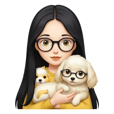 A beautiful girl with long black hair and glasses is holding a long-haired white and yellow puppy sticker
