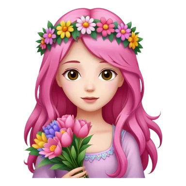 Beautiful girl with pink long hair and a wreath holding a bouquet of flowers sticker