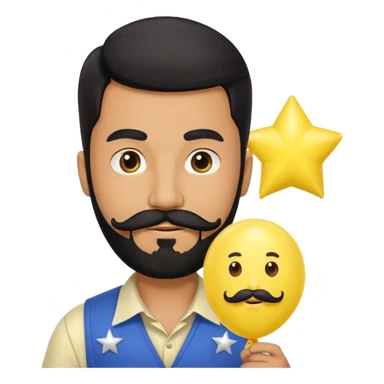 man with black bead and mustache holding star yellow balloon  sticker