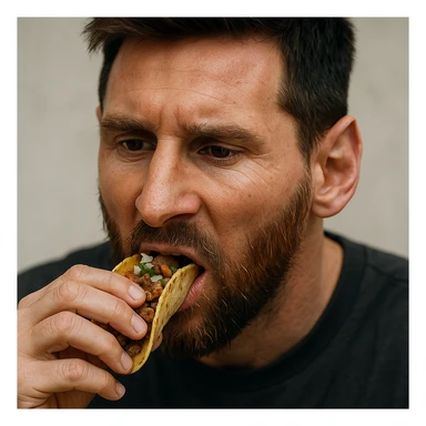 ultrarealistic style portrait of Messi eating tacos, neutral background, focus on facial details and food sticker