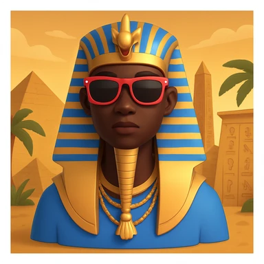 Add an Egyptian background behind the pharaoh with sunglasses and black skin, maintaining the 3D emoji style look. sticker