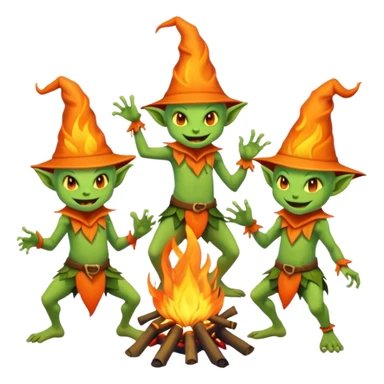 Goblins dancing around a fire with white pointy hats sticker