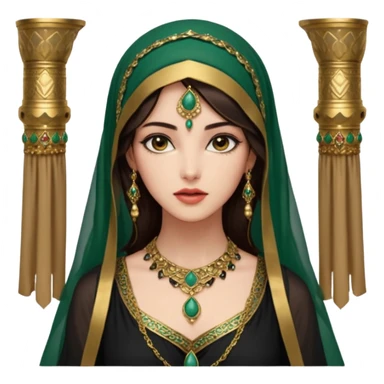 Mujer joven, morena, de gran belleza y porte misterioso.
 mirada intensa y fija; labios marcados.
 Negro, largo, suele ir cubierto parcialmente por un velo
 Ropa de inspiración árabe: túnica colorida (rojo, dorado, verde esmeralda), con detalles dorados o lentejuelas; brazaletes y pendientes. sticker