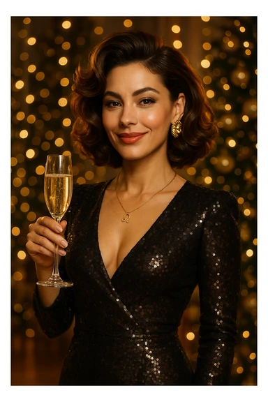 leo zodiac woman holding a glass of champagne, elegant, confident, warm smile, stylish hair, festive atmosphere sticker