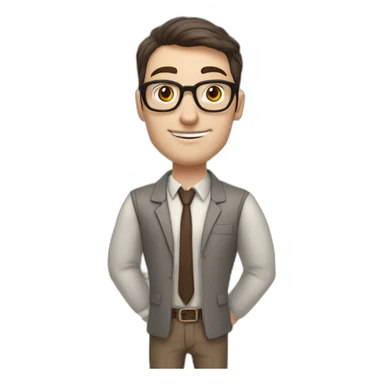 Pale skinned fit man with dark brown hair in gray jacket, beige office shirt, brown tie, brown pants and vintage glasses Writing on the flipchart sticker