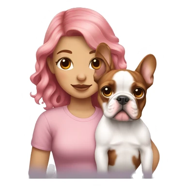  girl with medium pink wavy hair holding a brown and white french bulldog puppy  sticker