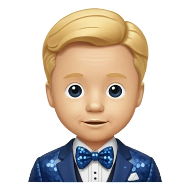 Mickey Rooney with golden blonde hair, dark blue sequin suit with bow tie sticker