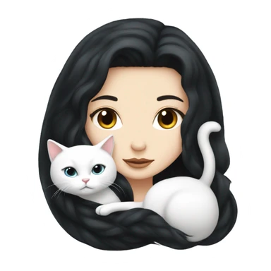 A pretty white girl with very long black hair and sleeping curled up to a white cat  sticker