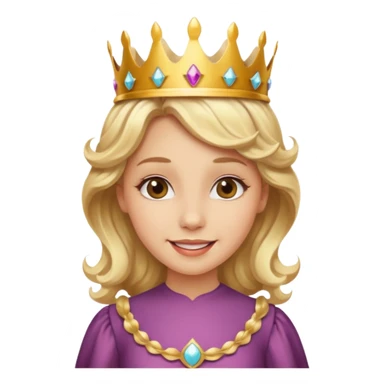 Cheerful blonde princess with wavy hair and light gold dress, wearing crown sticker
