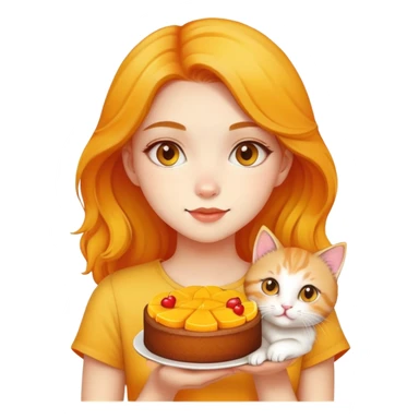 Beautiful girl holding a mango cake and a kitten sticker