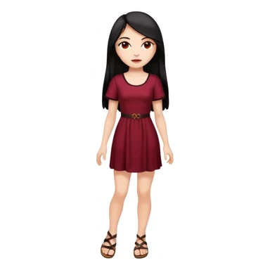 Chica blanca ,ojos marrones, vestido granate largo sexy manga corta,  cuerpo entero pelo negro y largo sandalias sticker