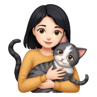 happy girl with black hair hugging three cats  (carey cat, gray cat, brown calico cat) sticker