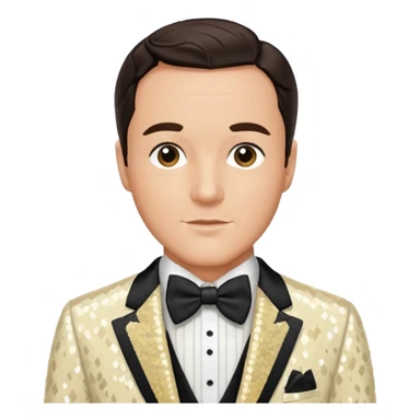Gene Kelly with dark brown hair, cream sequin suit with bow tie sticker