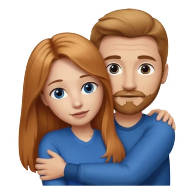 girlfriend with long dark strawberry blonde hair middle part with brown eyes giving hug to man with blue eyes, dark blonde hair and facial hair sticker