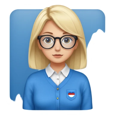 ragazza bionda vestita con camicia e maglione, con occhiali, occhi azzurri che è seduta al pc  sticker