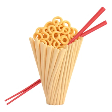 a pair of chopsticks holding a curly snack, snack is wavy and textured, energetic and lighthearted sticker