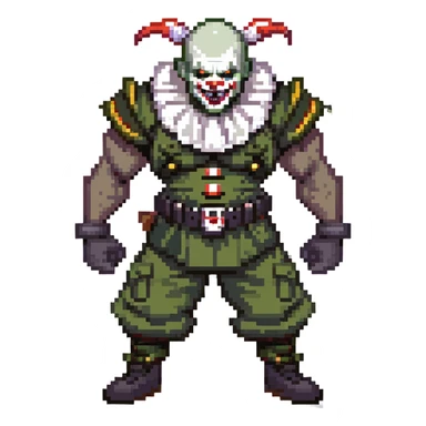 evil clown soldier, bald, short black devil horns on forehead, fangs, pointed ears, black and military green clothes, realistically proportioned, bulky and muscular, full body, fighting stance sticker