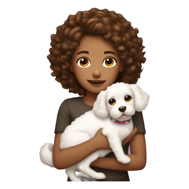 Girl with brown eyes and brown curly hair holding fluffy white dog  sticker