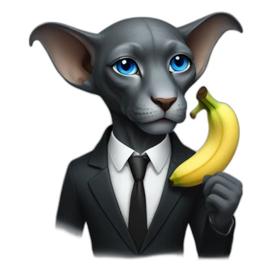 dark grey sphinx with bright blue eyes wearing black suit, calling on banana as phone, portrait sticker